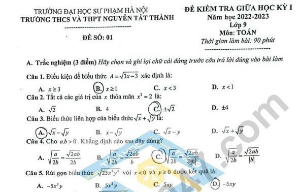 Đề thi giữa kì 1 lớp 9 môn Toán 2022 - THCS Nguyễn Tất Thành