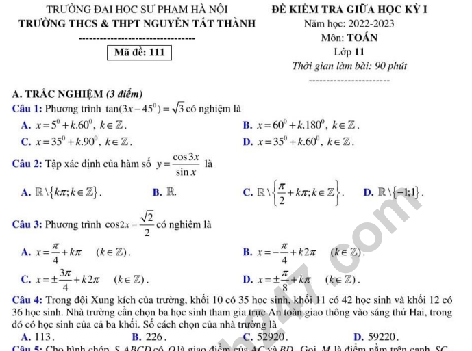 Đề thi giữa kì 1 lớp 11 môn Toán 2022 - THCS THPT Nguyễn Tất Thành