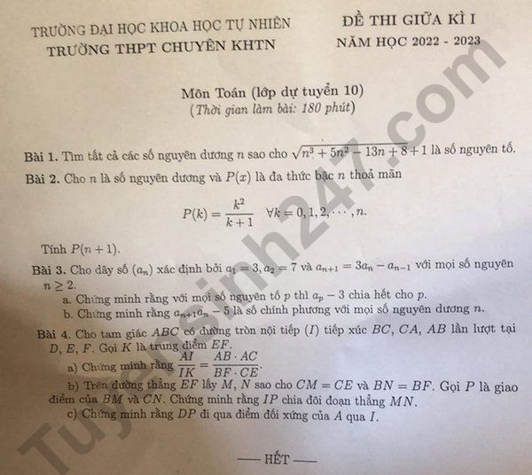 Đề giữa kì 1 lớp 10 môn Toán 2022 - THPT Chuyên KHTN