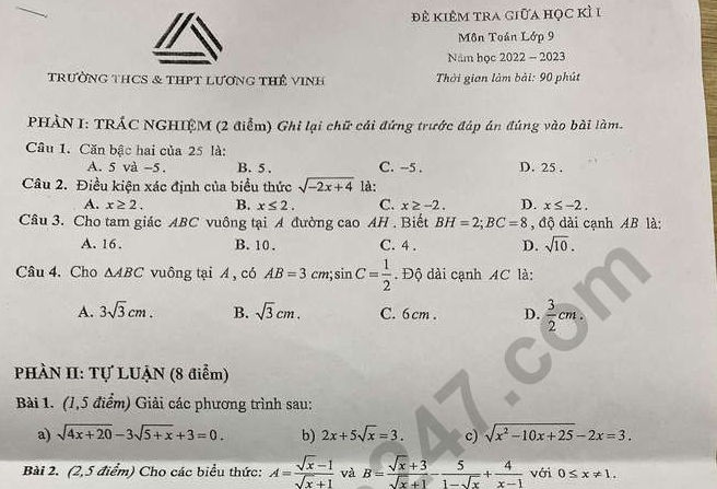 Đề thi giữa kì 1 năm 2022 môn Toán lớp 9 - THCS THPT Lương Thế Vinh