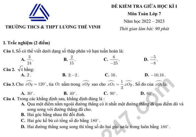 Đề thi giữa kì 1 môn Toán lớp 7 năm 2022 - THCS THPT Lương Thế Vinh