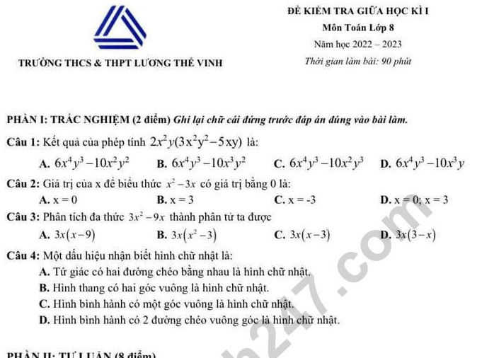 Đề giữa kì 1 lớp 8 môn Toán 2022 - 2023 THCS THPT Lương Thế Vinh