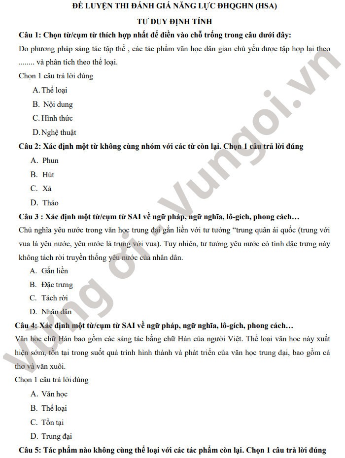 Đề luyện thi đánh giá năng lực - phần Tư duy định tính