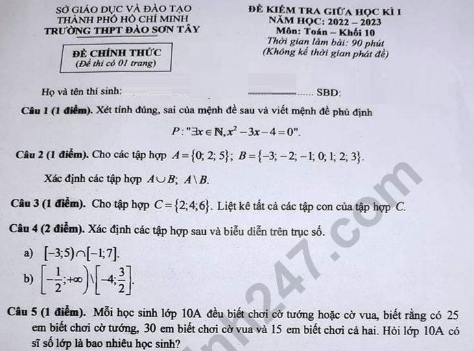 Đề giữa kì 1 môn Toán lớp 10 năm 2022 - THPT Đào Sơn Tây