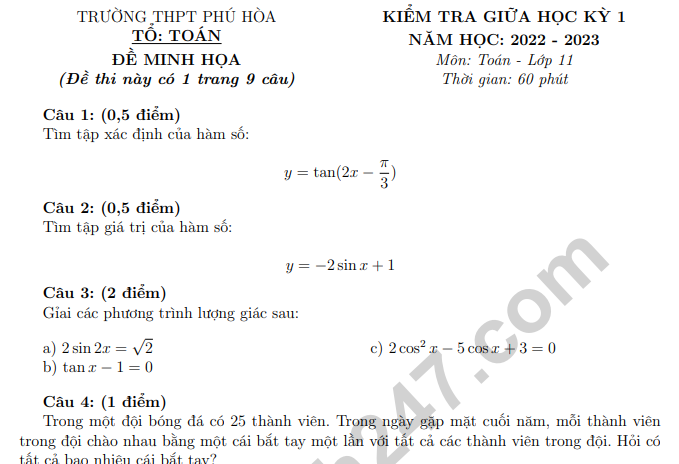 Đề thi giữa kì 1 môn Toán lớp 11 năm 2022 (Minh họa) THPT Phú Hòa