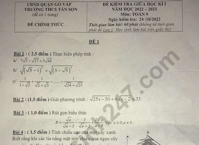 Đề thi giữa kì 1 lớp 9 môn Toán 2022 - THCS Tân Sơn