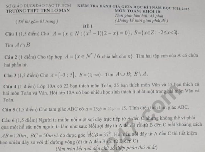 Đề thi giữa kì 1 môn Toán lớp 10 - THPT Ten Lơ Man 2022