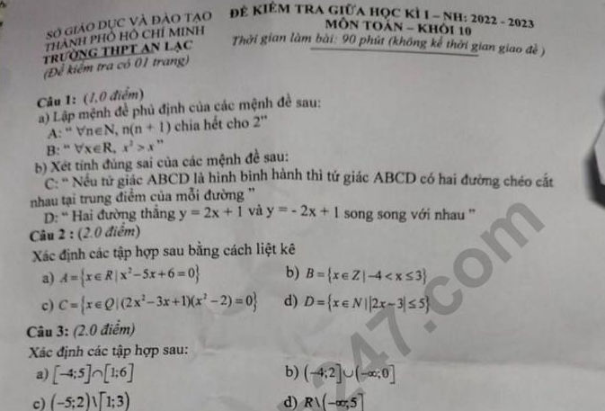 Đề giữa kì 1 lớp 10 môn Toán - THPT An Lạc 2022