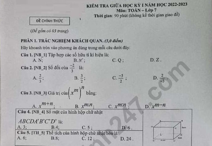 Đề thi giữa kì 1 lớp 7 môn Toán năm 2022 - 2023 KNTT