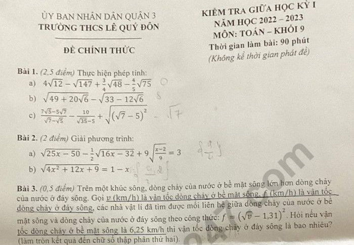 Đề thi giữa kì 1 môn Toán lớp 9 năm 2022 - THCS Lê Quý Đôn