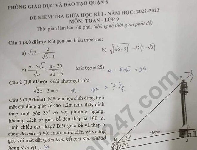 Đề thi giữa kì 1 lớp 9 môn Toán - Quận 8 năm 2022