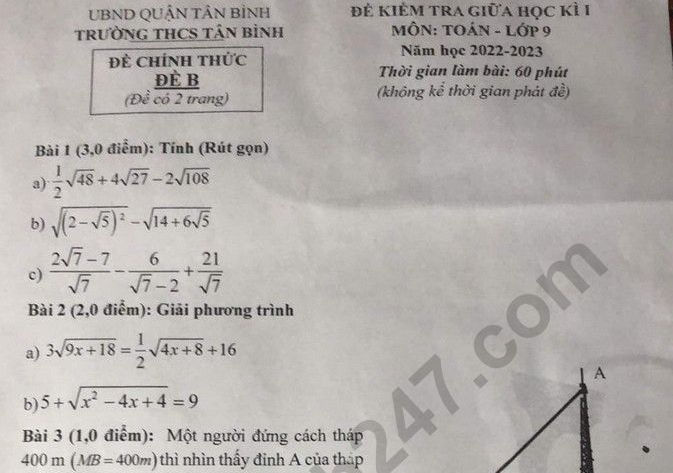 Đề giữa kì 1 môn Toán lớp 9 năm 2022 - THCS Tân Bình