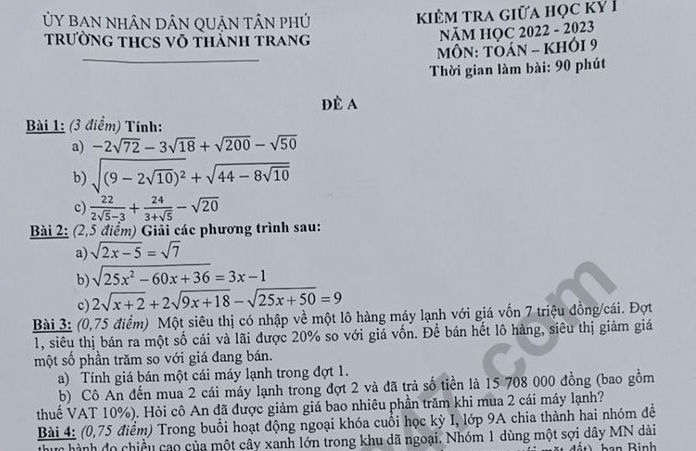 Đề kiểm tra giữa kì 1 lớp 9 Toán 2022 - THCS Võ Thành Trang