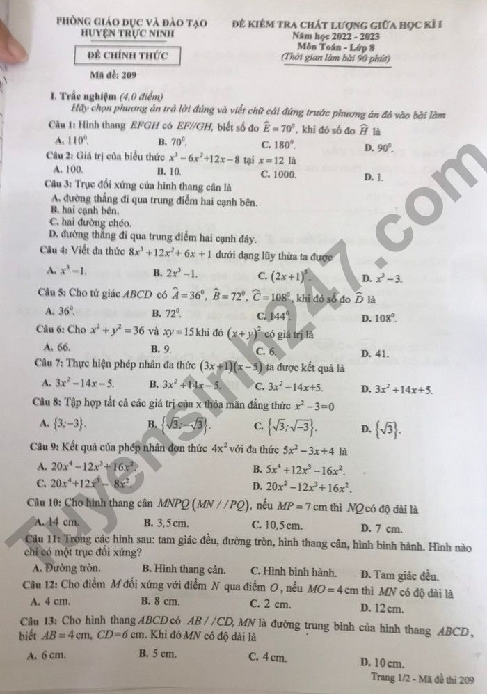 Đề thi giữa kì 1 môn Toán lớp 8 năm 2022 - Phòng GD Trực Ninh