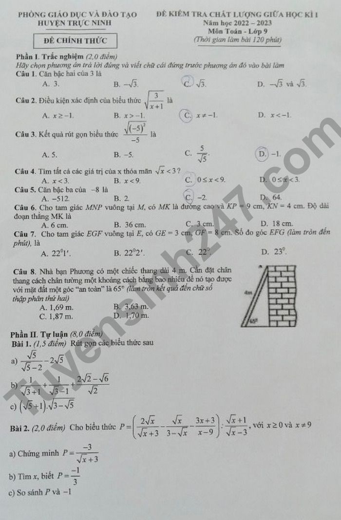 Đề thi giữa kì 1 lớp 9 môn Toán năm 2022 - Huyện Trực Ninh