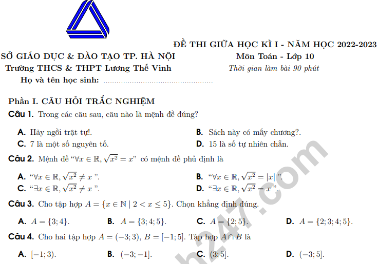 Đề thi giữa kì 1 môn Toán lớp 10 - THCS THPT Lương Thế Vinh 2022