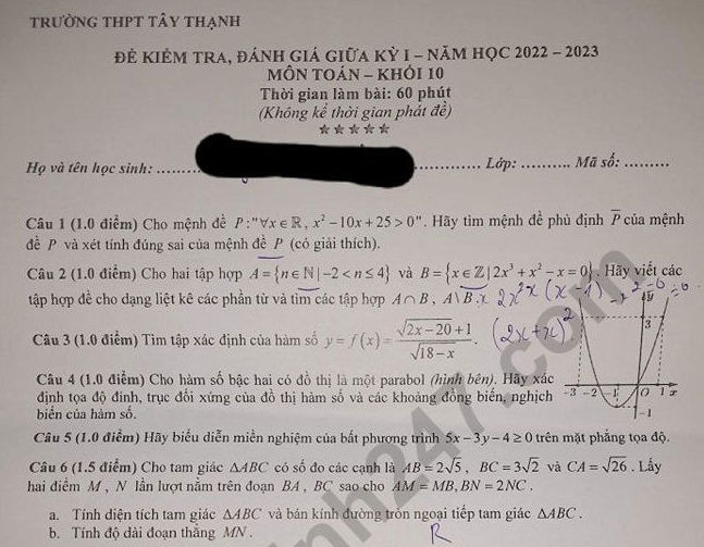 Đề thi giữa kì 1 môn Toán lớp 10 Trường THPT Tây Thạnh năm 2022