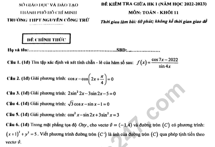 Đề thi giữa kì 1 lớp 11 môn Toán 2022 - THPT Nguyễn Công Trứ