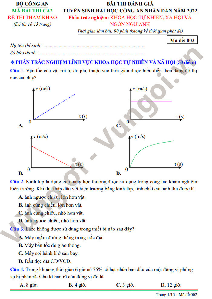Đề thi đánh giá năng lực Bộ Công an mã CA2 - tham khảo