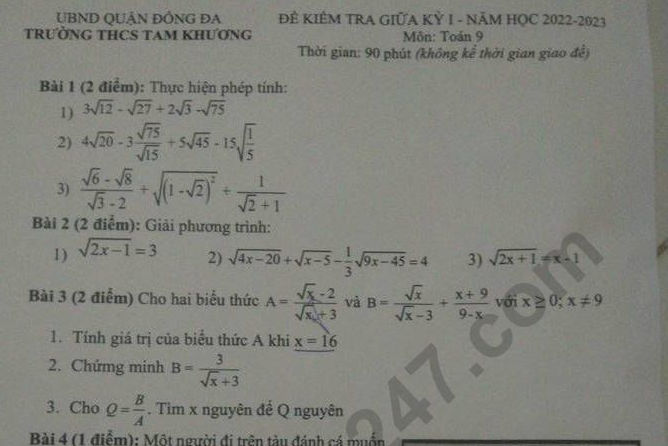 Đề giữa kì 1 môn Toán lớp 9 - THCS Tam Khương 2022