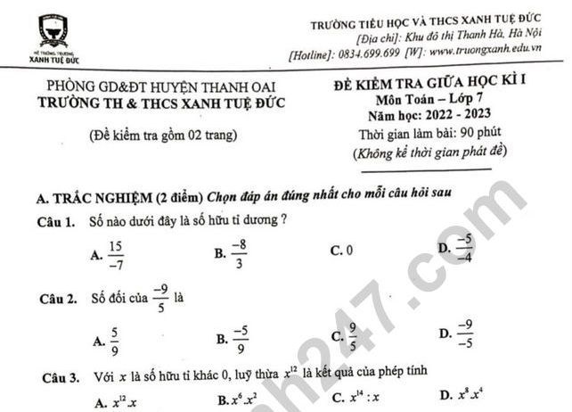 Đề thi giữa kì 1 môn Toán lớp 7 năm 2022 - TH THCS Xanh Tuệ Đức