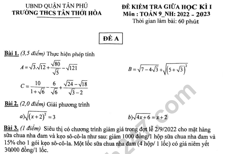 Đề giữa kì 1 môn Toán lớp 9 - THCS Tân Thới Hòa 2022