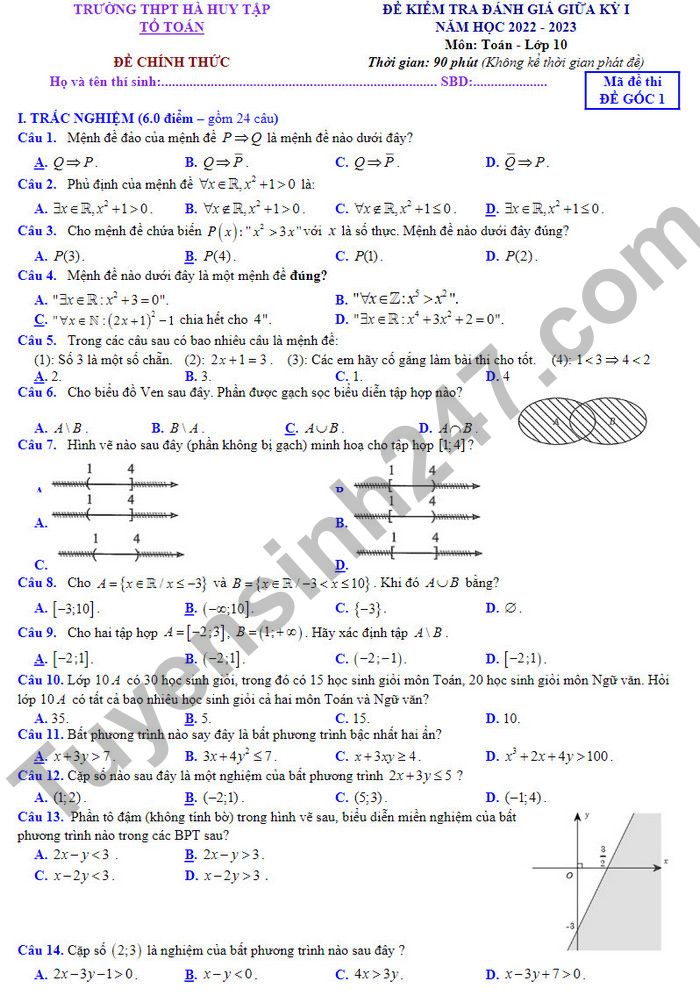 Đề giữa kì 1 lớp 10 2022 môn Toán THPT Hà Huy Tập