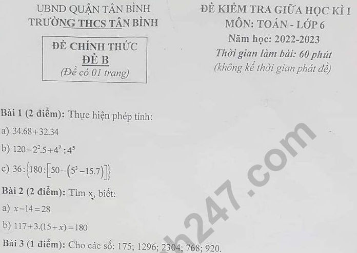 Đề thi giữa kì 1 lớp 6 môn Toán 2022 - THCS Tân Bình