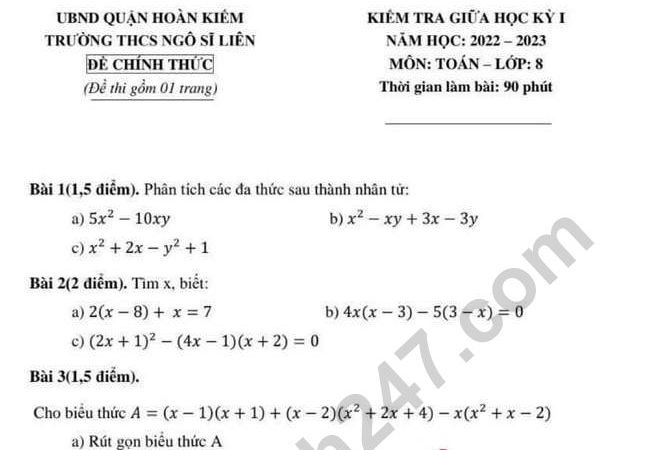 Đề thi giữa kì 1 môn Toán lớp 8 năm 2022 - THCS Ngô Sĩ Liên