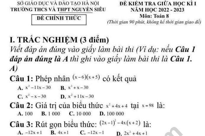 Đề thi GK1 môn Toán lớp 8 THCS Nguyễn Siêu năm 2022