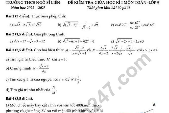 Đề giữa kì 1 môn Toán 9 năm 2022 có đáp án - THPT Ngô Sĩ Liên