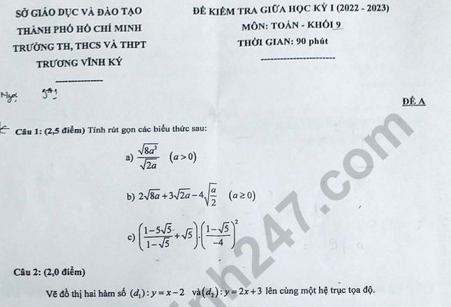 Đề giữa kì 1 lớp 9 năm 2022 môn Toán - THCS Trương Vĩnh Ký