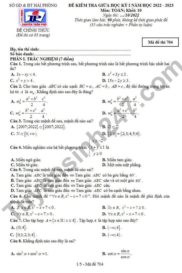 Đề thi giữa kì 1 môn Toán THPT Chuyên Trần Phú 2022 lớp 10