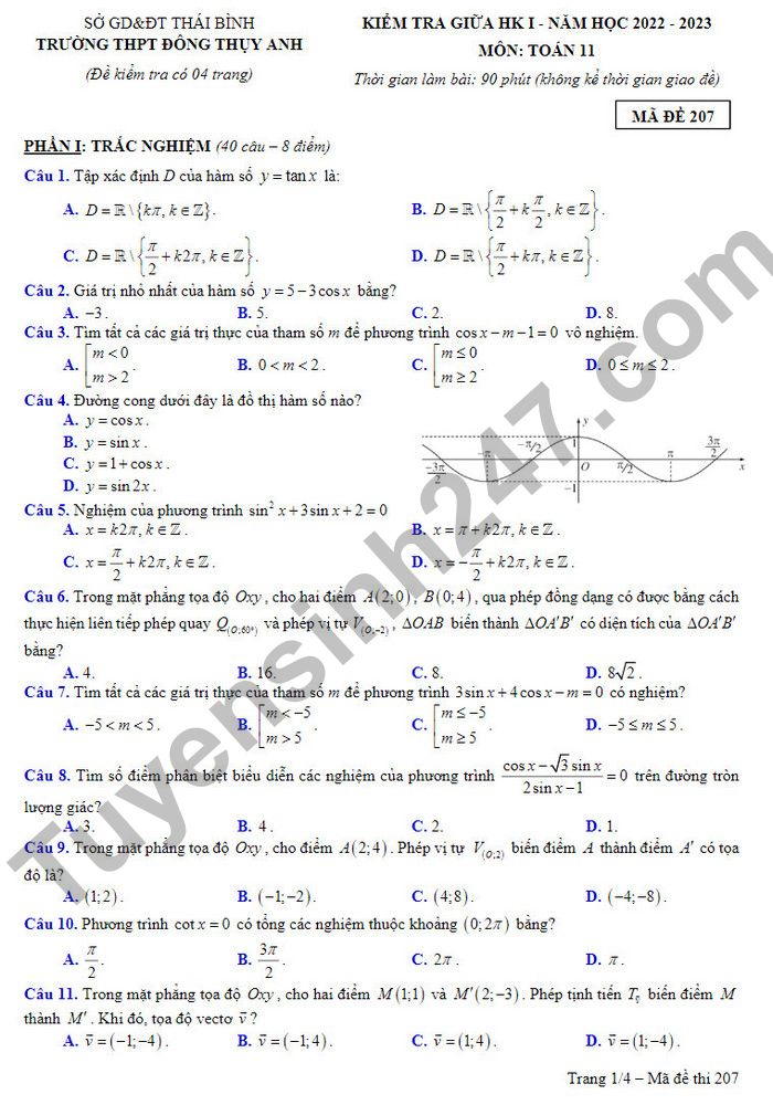 Đề thi giữa kì 1 môn Toán lớp 11 năm 2022 THPT Đông Thụy Anh