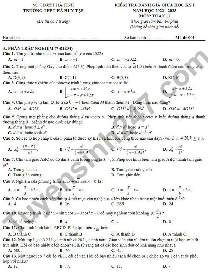 Đề thi GK1 lớp 11 môn Toán 2022 THPT Hà Huy Tập