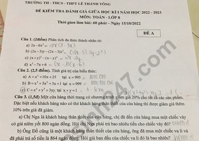 Đề thi giữa kì 1 môn Toán lớp 8 năm 2022 - THCS Lê Thánh Tông