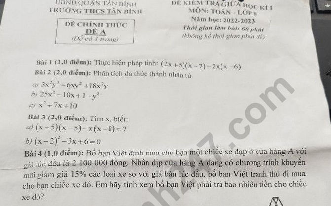 Đề giữa kì 1 lớp 8 môn Toán 2022 - THCS Tân Bình