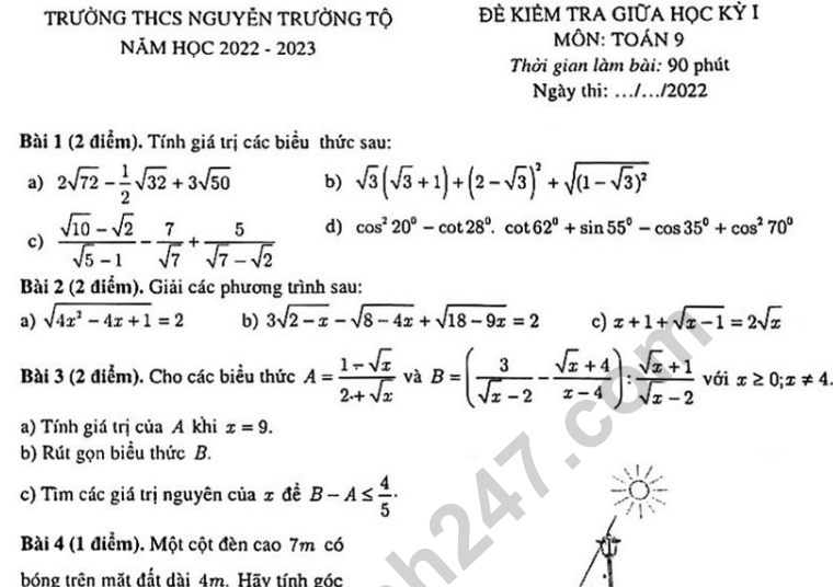 Đề thi giữa kì 1 môn Toán lớp 9 - THCS Nguyễn Trường Tộ 2022