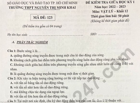 Đề thi giữa kì 1 môn Lý lớp 12 - THPT Nguyễn Thị Minh Khai 2022