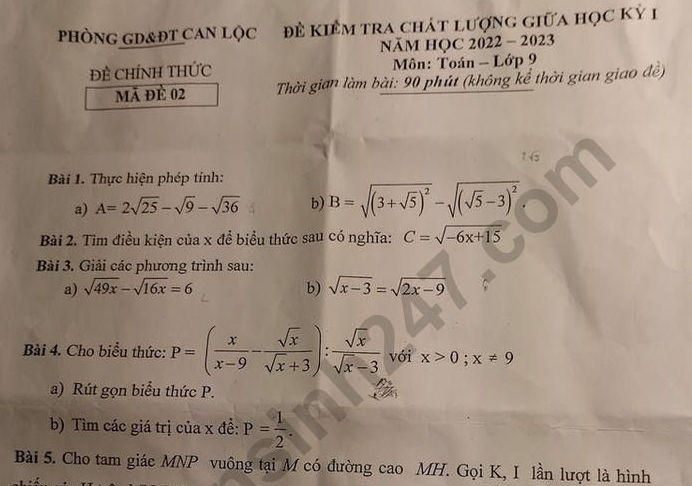 Đề thi giữa kì 1 môn Toán lớp 9 - THCS Can Lộc 2022