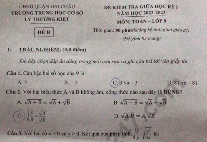 Đề kiểm tra giữa kì 1 lớp 9 Toán 2022 - THCS Lý Thường Kiệt