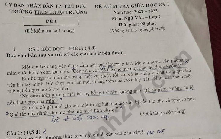 Đề thi giữa kì 1 môn Văn lớp 9 - THCS Long Trường năm 2022