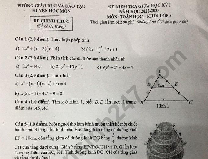 Đề thi giữa kì 1 môn Toán lớp 8 - Phòng GD Hóc Môn 2022 (Có đáp án)