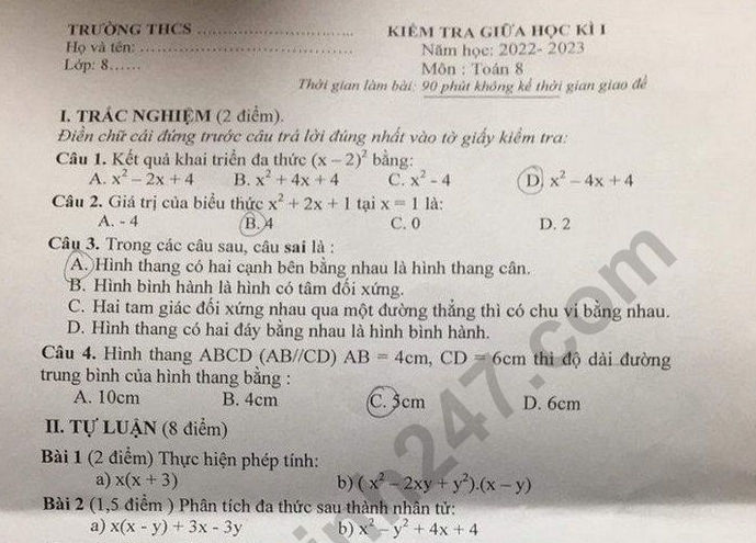 Đề kiểm tra giữa kì 1 lớp 8 môn Toán năm 2022  - Phòng GD Hoài Đức