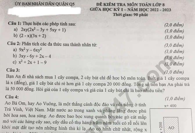 Đề thi giữa kì 1 lớp 8 môn Toán 2022 - Quận 5