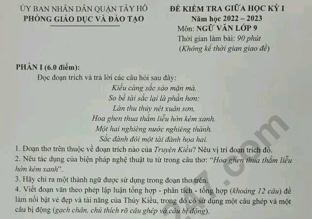 Đề giữa kì 1 môn Văn lớp 9 năm 2022 - Quận Tây Hồ