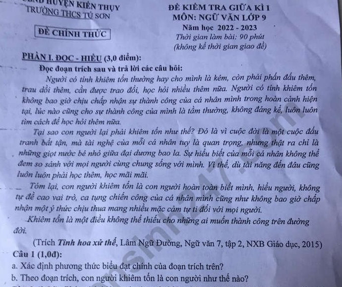 Đề thi giữa kì 1 lớp 9 môn Ngữ Văn năm 2022 - THCS Tú Sơn