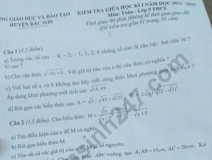 Đề thi GK1 lớp 9 môn Toán năm 2022 trường Bắc Sơn