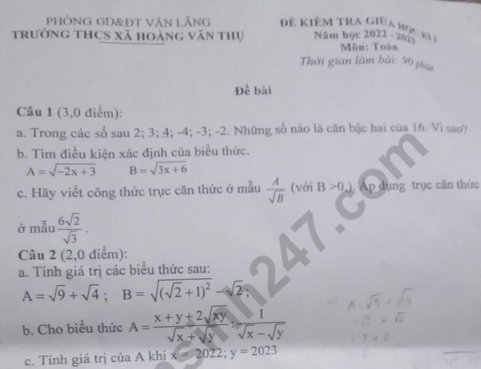 Đề thi GK1 lớp 9 môn Toán năm 2022 trường THCS - Xã Hoàng Văn Thụ