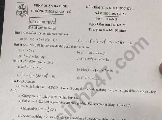 Đề thi giữa kì 1 môn Toán lớp 8 - THCS Giảng Võ năm 2022